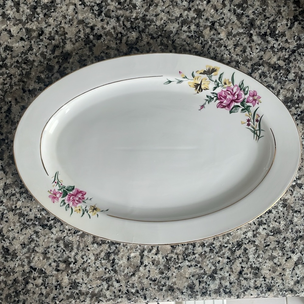 Floral Oval Platter - White with Pink and Yellow Accents With Gold Trim